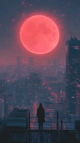 Solitary rooftop figure studies oversized red moon over city