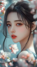 Side profile of stylized woman framed by foreground blossoms