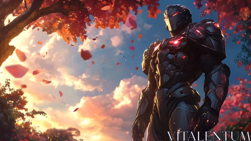 Autumnal armored exoshell under volumetric sunset skyfield.