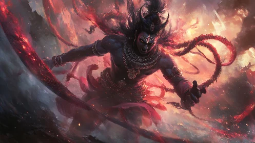 Mythic war deity in incandescent vortex of combustion fury.