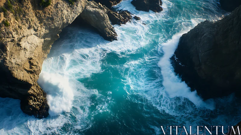Cliffside cauldron where turquoise waves storm the rocks.