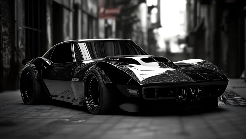 Widebody black muscle car in shallow‑depth monochrome alleyway scene