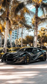 Black grand tourer parked among palm trees in sunlight