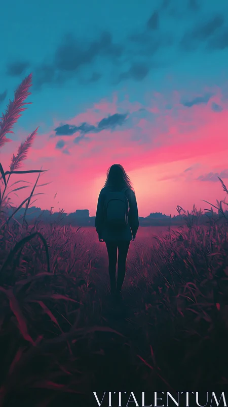 Soft neon sunset walk with a quiet dreamer in tall grass.