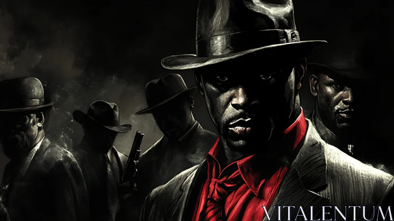 Group of suited men in hats stands in low-key dramatic lighting