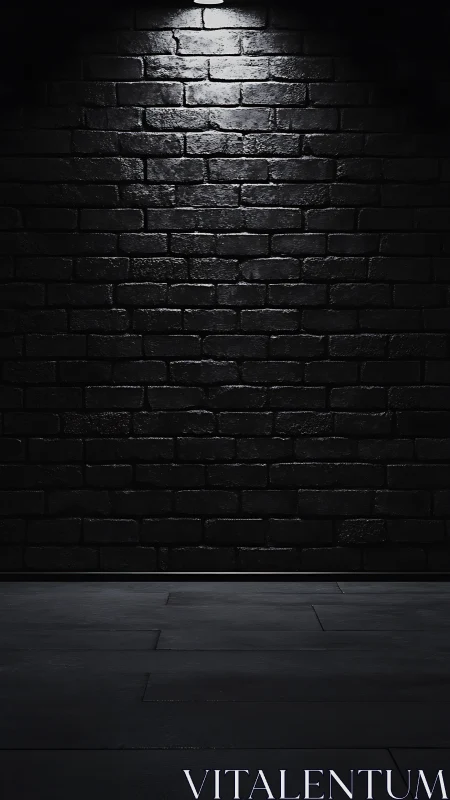 Dark brick wall with overhead spotlight and tiled floor.