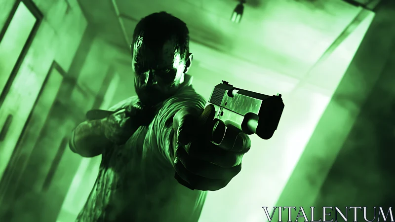 Tense hallway standoff bathed in eerie neon green light.