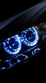 Photorealistic macro of blue LED automotive headlight rings.