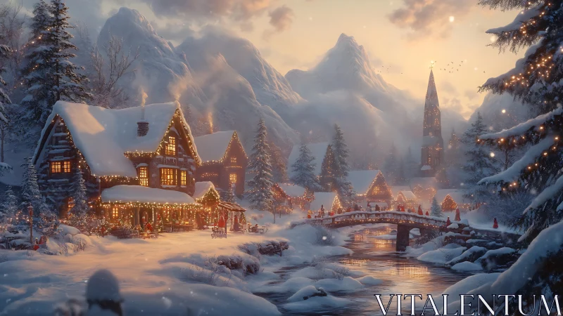 Snowy village with lit cabins and bridge at winter dusk.