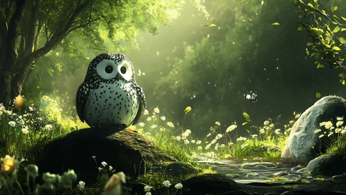 Cute cartoon owl in magical forest, sunlight streaming through trees.