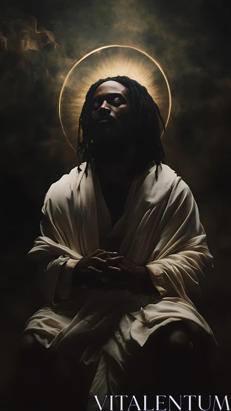 Figure in robe sits with circular backlight halo effect