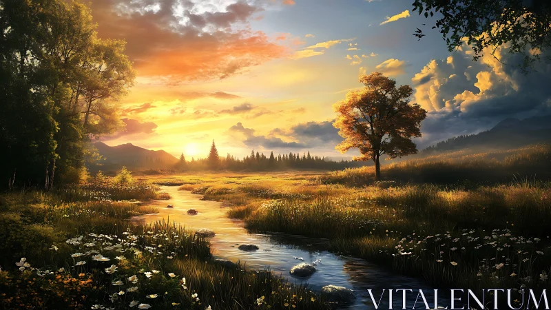 Sunlit river meadow under blazing golden sunset sky.