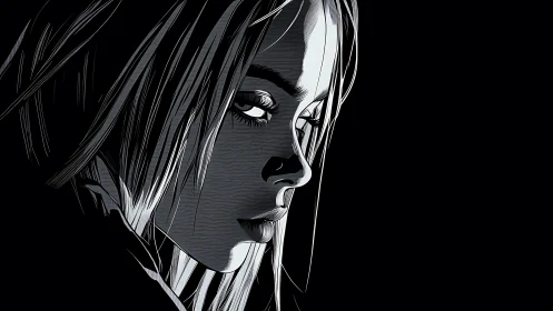 Woman’s face drawn in high contrast monochrome profile