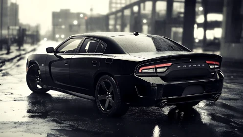 Black muscle sedan in cinematic rainy urban streetscape.