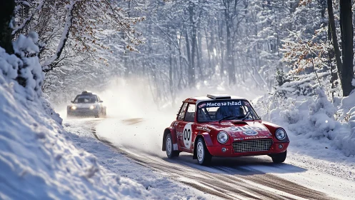 Vintage Rally Porsche 911 Winter Race in Snow-Covered Alpine Forest Setting