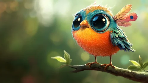 Adorable cartoon bird with big eyes on a branch, digital art style.
