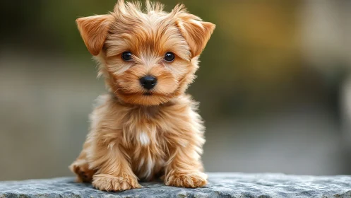 Small tan puppy sitting on stone surface outdoors.