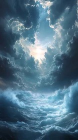 Storm-tossed ocean carves a glowing doorway into the sky