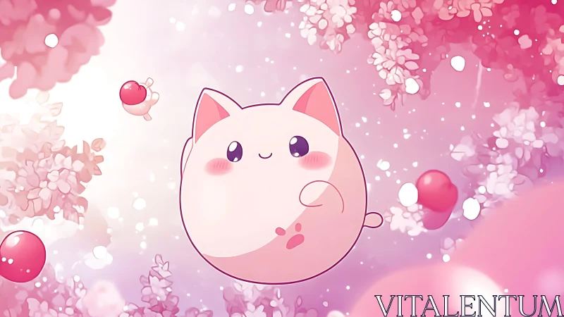 Pastel chubby cat spirit drifting through pink blossoms.
