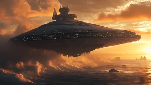 Sunset starship drifting gently above a glowing ocean.