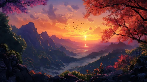 Sunset illuminates layered mountain valley with distant river