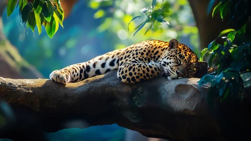 Resting spotted big cat on tree branch in dense foliage.