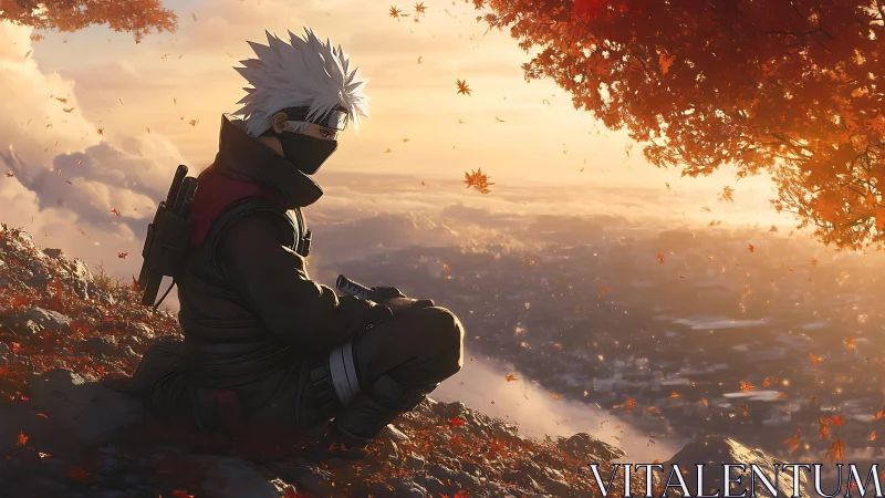 Masked anime warrior rests above a glowing autumn cityscape.
