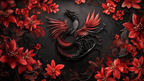 Crimson dragon rises amid ornate red floral blossoms.