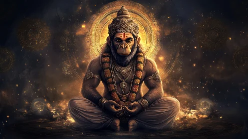 Simian deity figure seated before radiant circular halo.