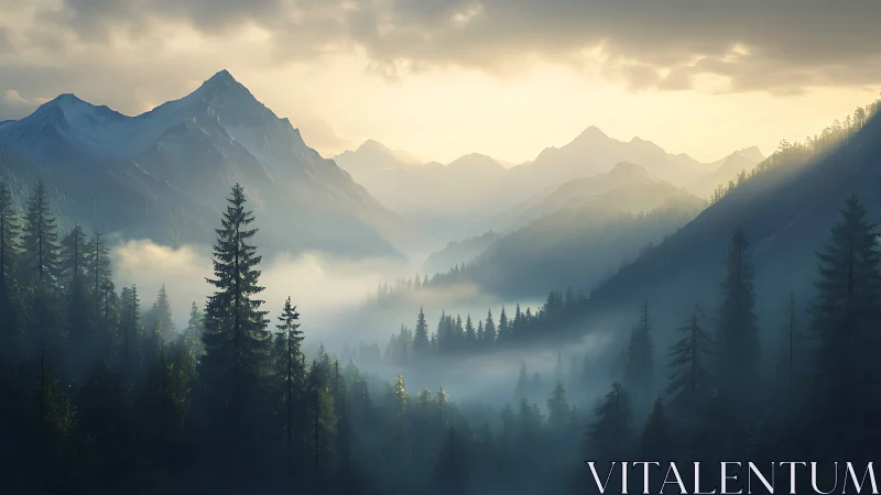 Mountain valley shows misty conifer forest at sunrise