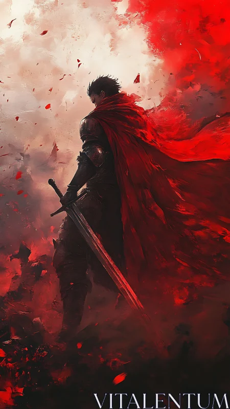 Dark armored swordsman with flowing red cape in battle haze.