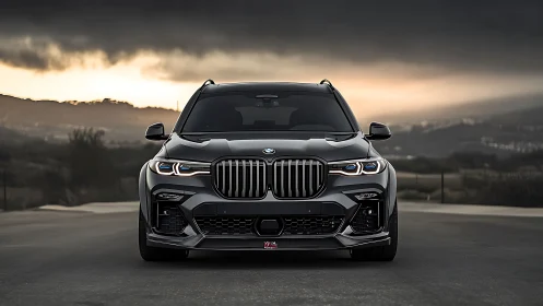 Twilight drive with a bold black BMW against moody hills.