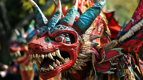 Carnival dragon masks bursting with fiery festival color.