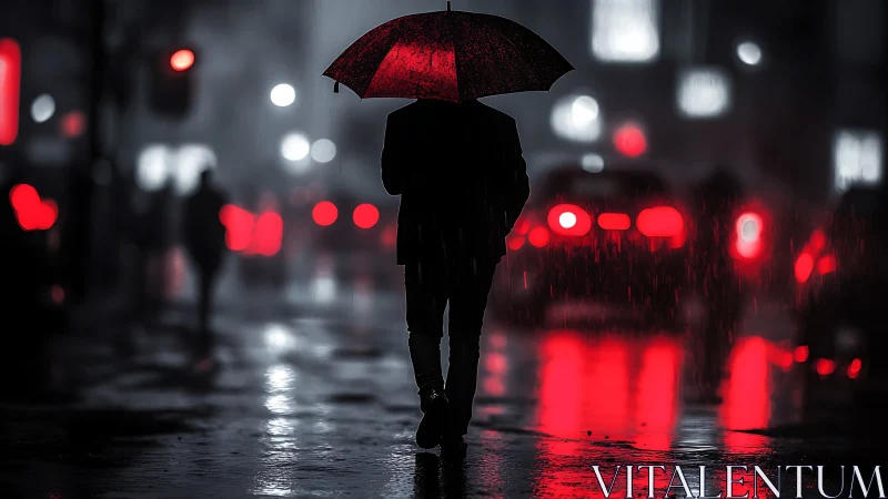 Silhouette under red umbrella on rainy neon city street.
