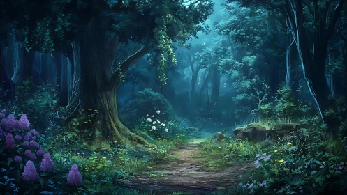 Enchanted Forest Path Through Ancient Woods at Twilight