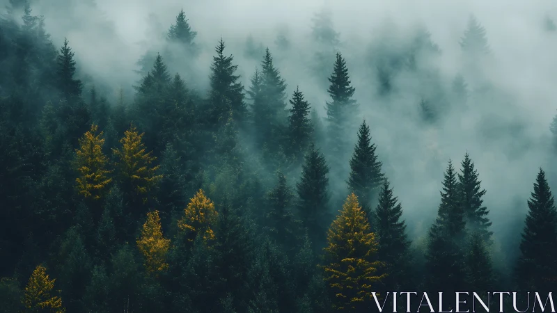 Misty Forest Landscape with Golden Larches Among Evergreens