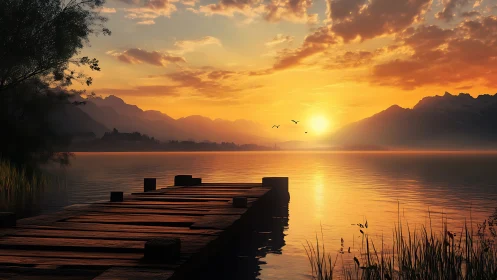 Sunlit wooden pier extends across tranquil mountain lake
