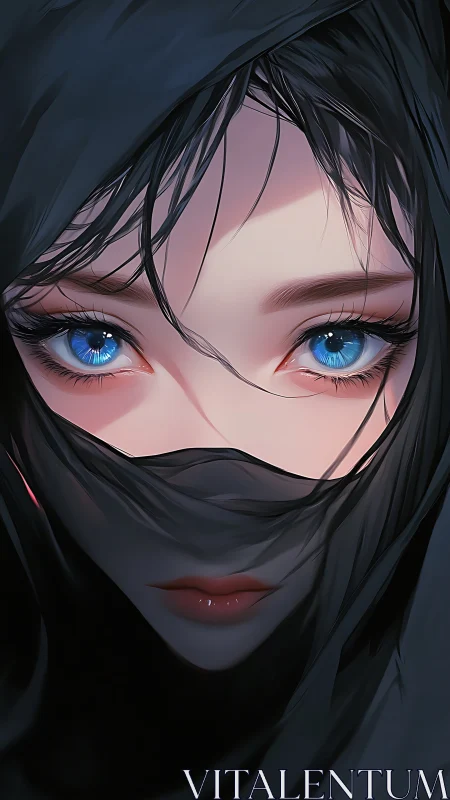 Digital portrait depicts veiled face with emphasized blue eyes