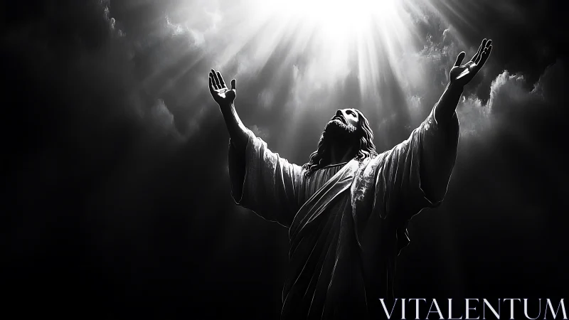 Radiant robed figure reaches toward heaven in divine light.