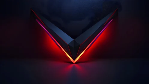 Futuristic angular V shape with glowing neon lights on dark background.