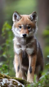 Forest wolf pup studies the world with wide, wondering eyes