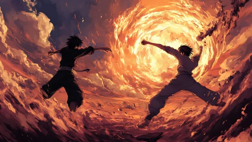 Fiery sky duel unfolds amid swirling storm vortex of light.