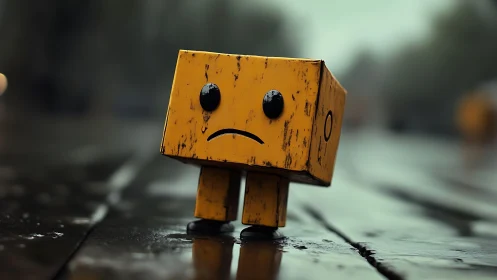 Melancholic yellow box robot tilting on wet reflective street