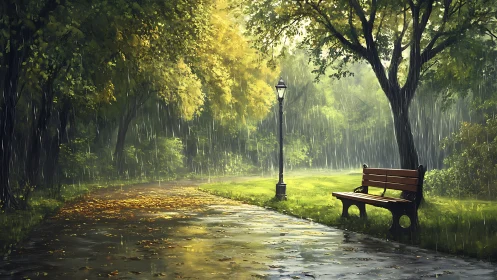 Rainfall accumulates on a park pathway beside a wooden bench
