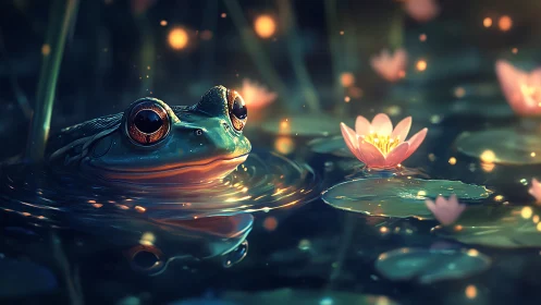 Gentle frog at twilight pond glowing with soft magic light.