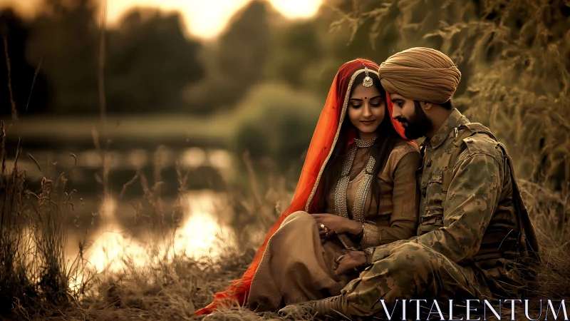 Couple in Traditional South Asian Attire by Water