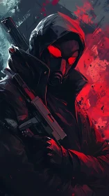 Hooded masked gunman stands in crimson backlight storm