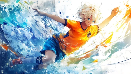 Dynamic anime soccer splash with high-energy motion framing.