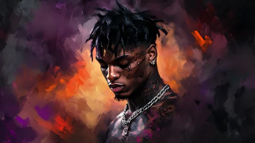 Digital portrait of tattooed rapper in volatile chromatic haze