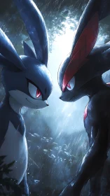 Cinematic anime duel in rain with luminous rim lighting.